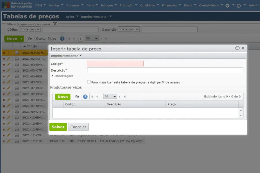 tabelas de preços funcionalidade vendas