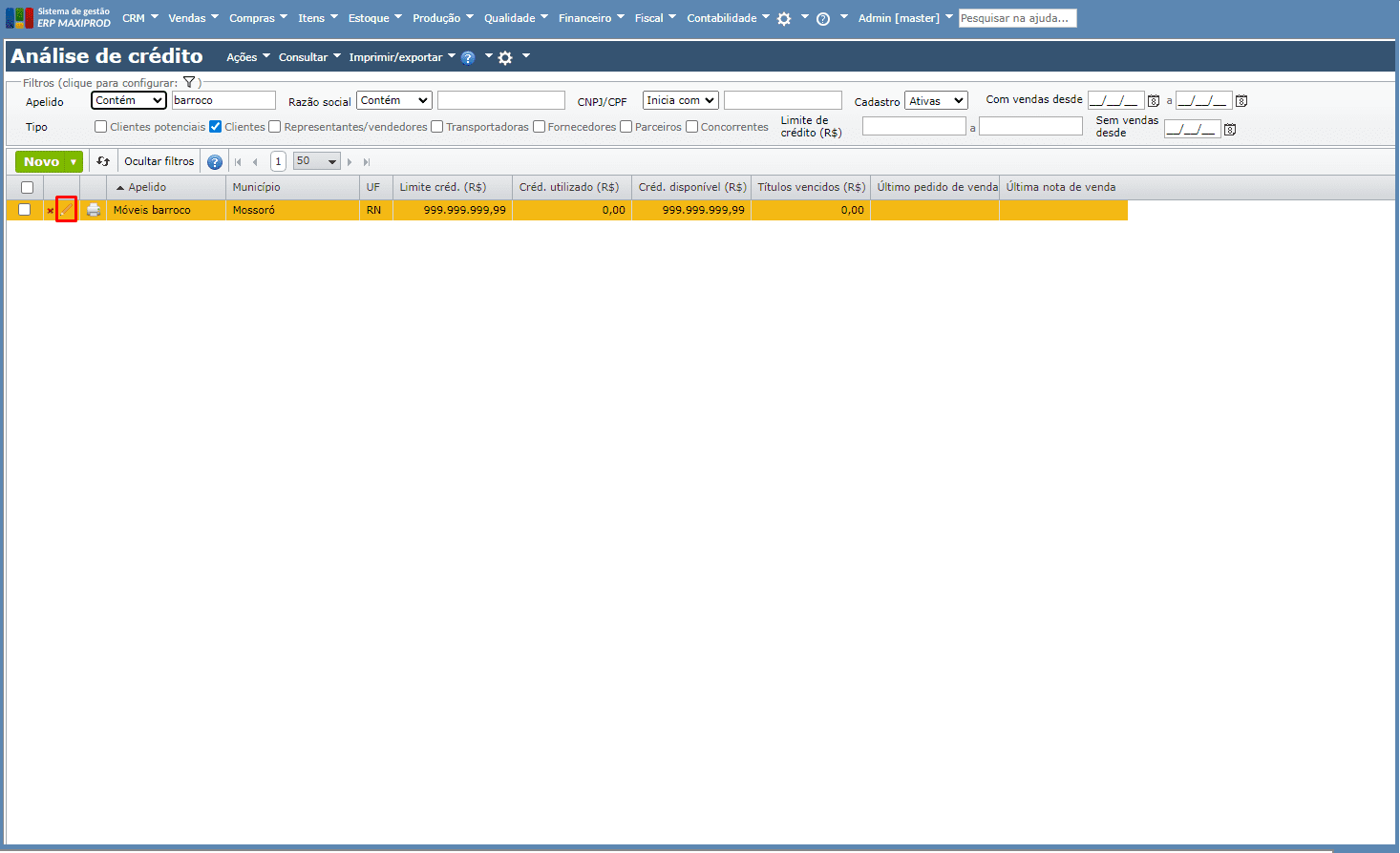 tela para informar limite de crédito