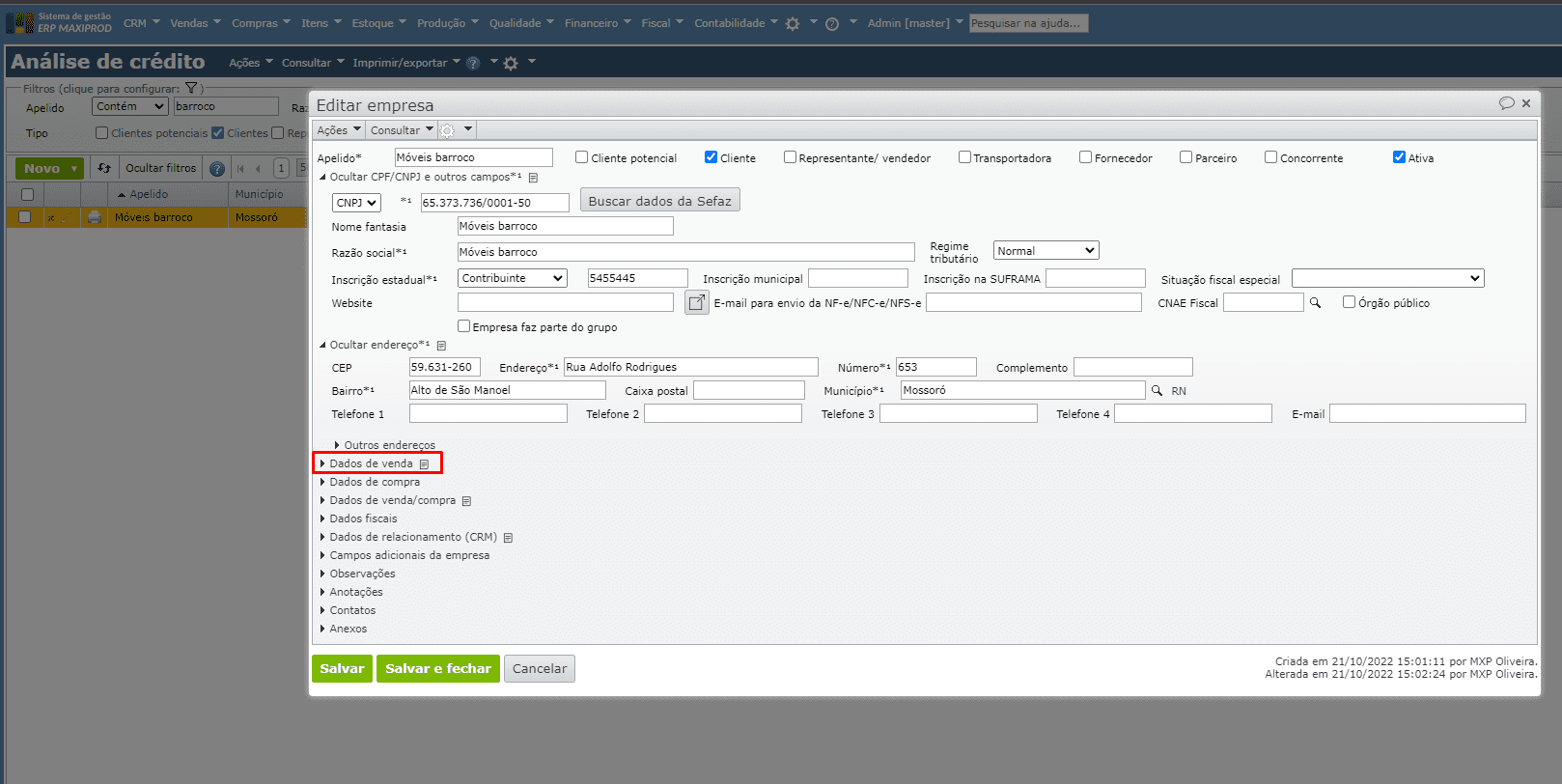 tela da edição da empresa