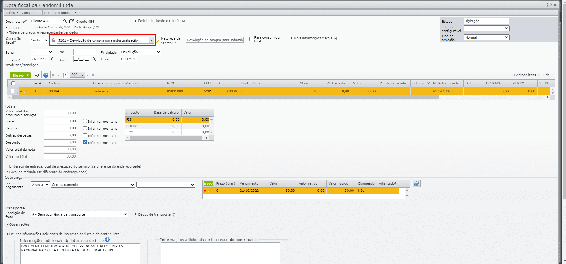 preenchimento da operação fiscal