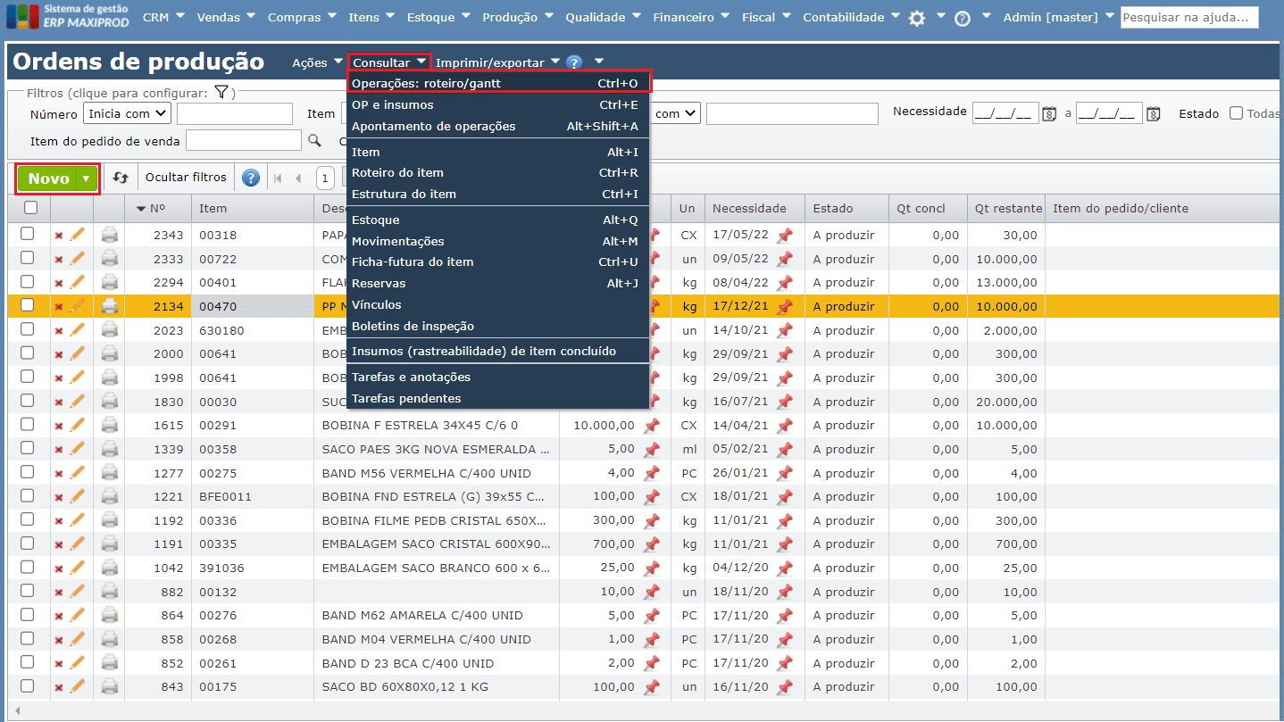 tela Operações: roteiro/gantt