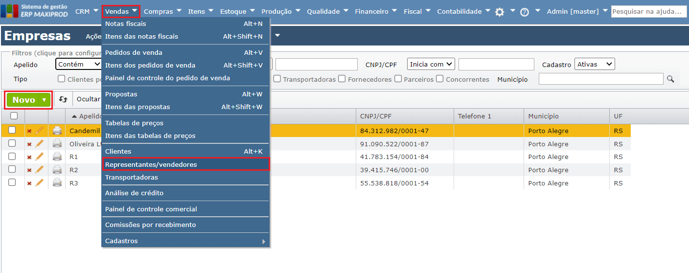 acessar tela Representantes/vendedores