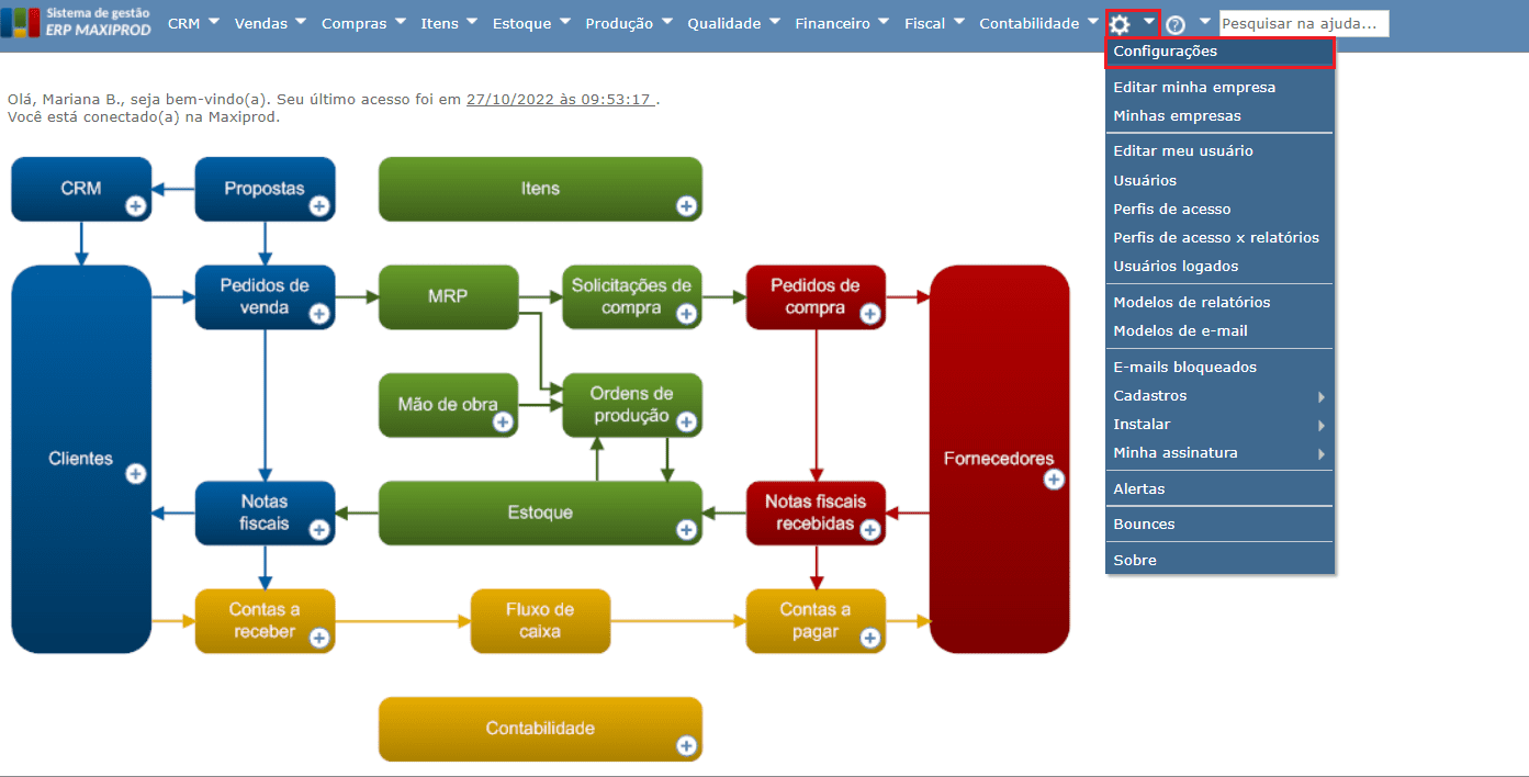 acessar tela configurações do sistema