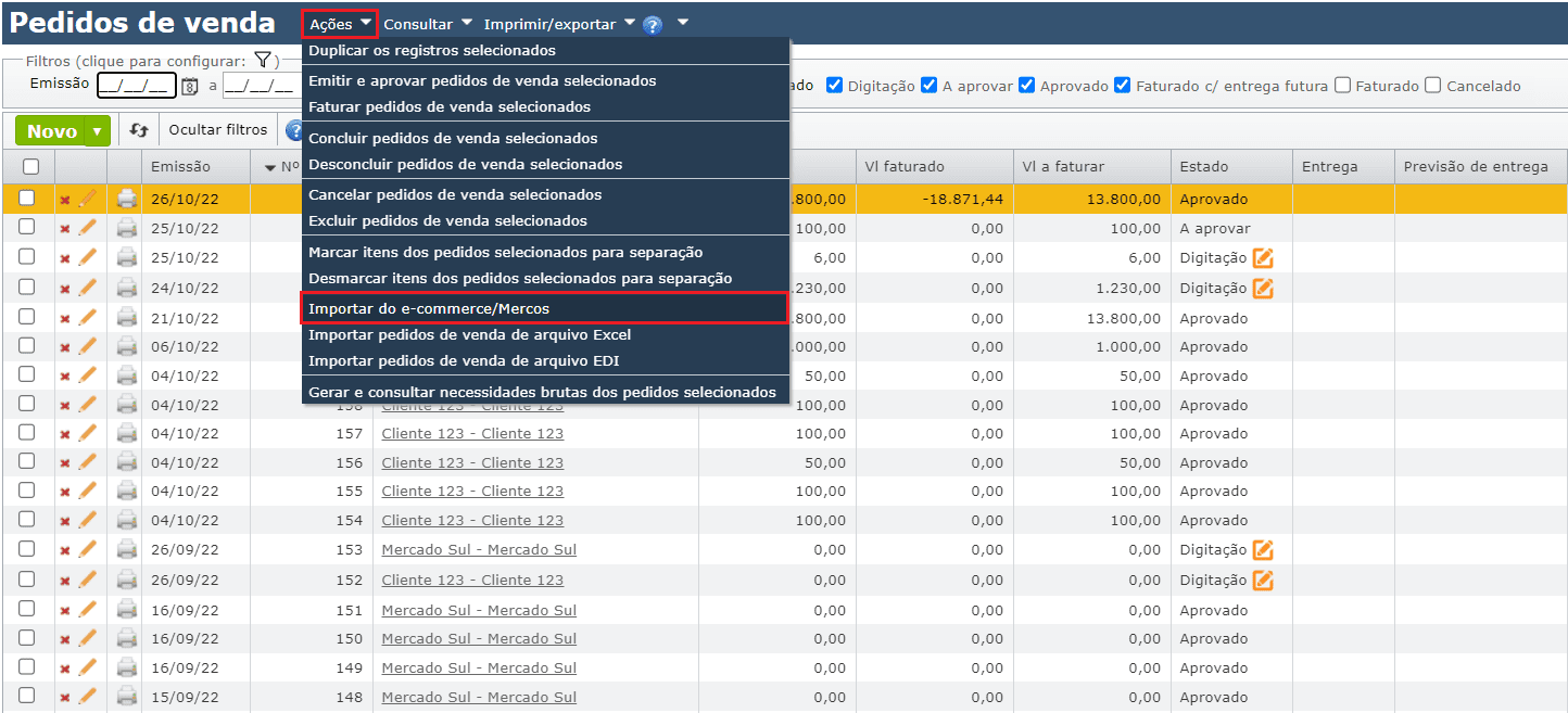 acessar Importar do e-commerce/Mercos