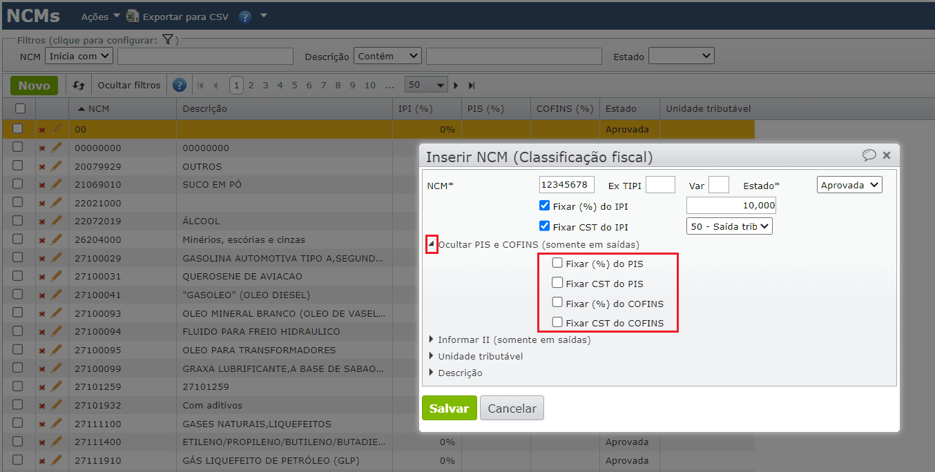 variações no cálculo dos impostos PIS e COFINS