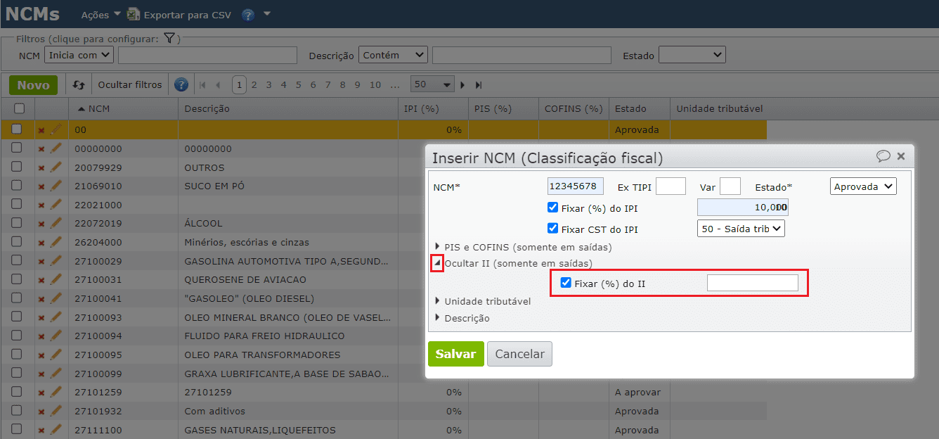 fixar uma alíquota de II na NCM