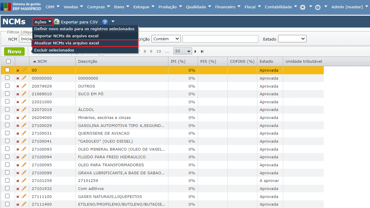 tela de NCM para atualizar via arquivo Excel
