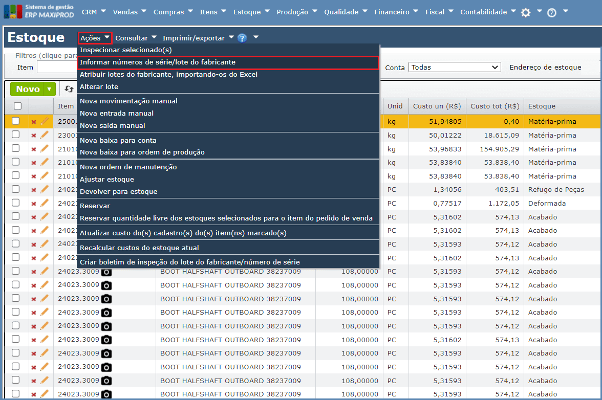 tela Informar números de série