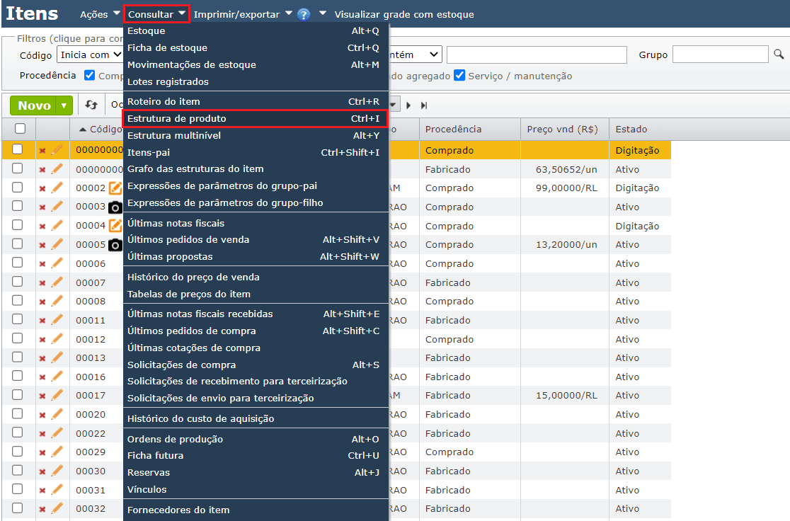 acesso à tela de estrutura de produtos