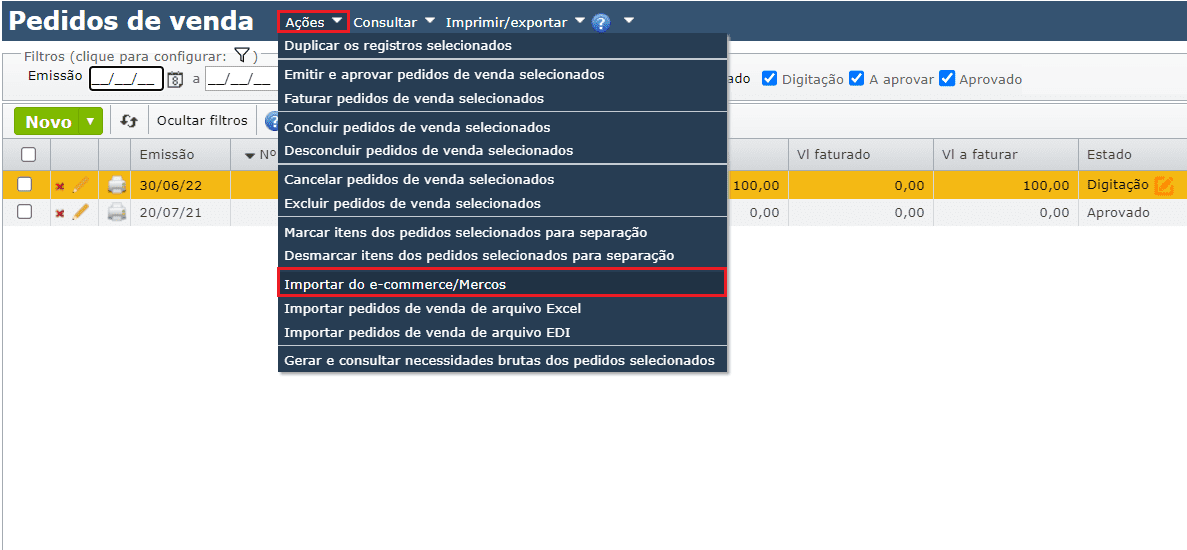 tela Importar do e-commerce/Mercos