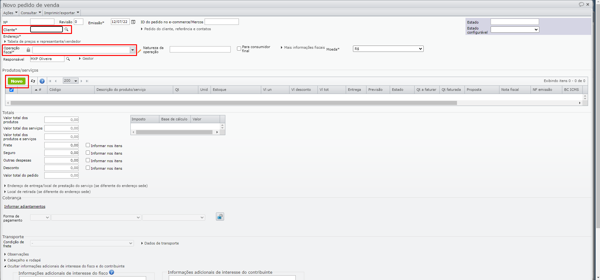novo pedido de venda