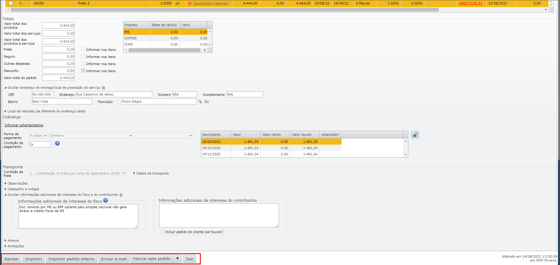 emitir e aprovar um pedido de venda