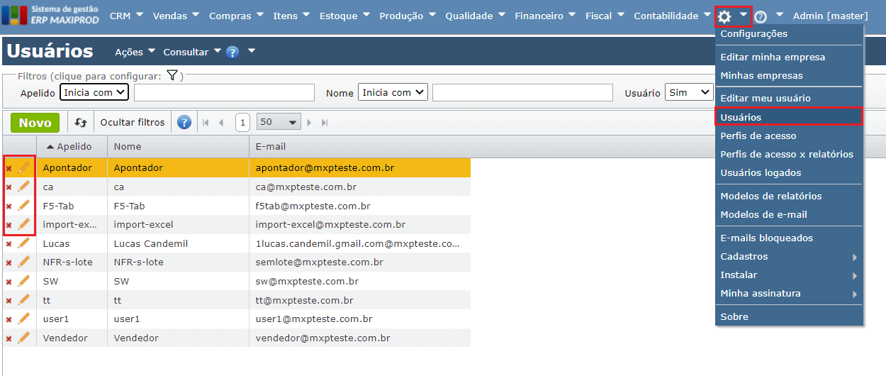 acessar menu usuários