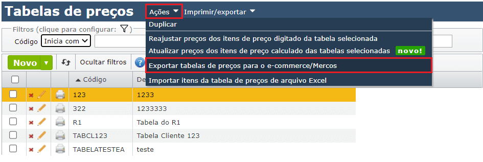 acesse Exportar tabelas de preços para o e-commerce/Mercos