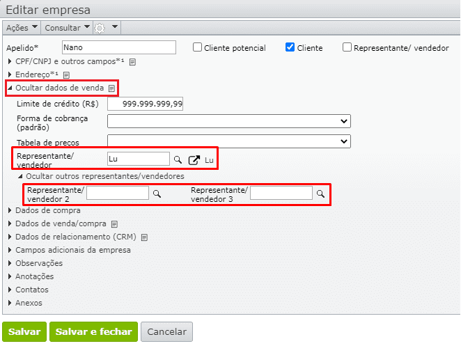 tela de edição da empresa cliente