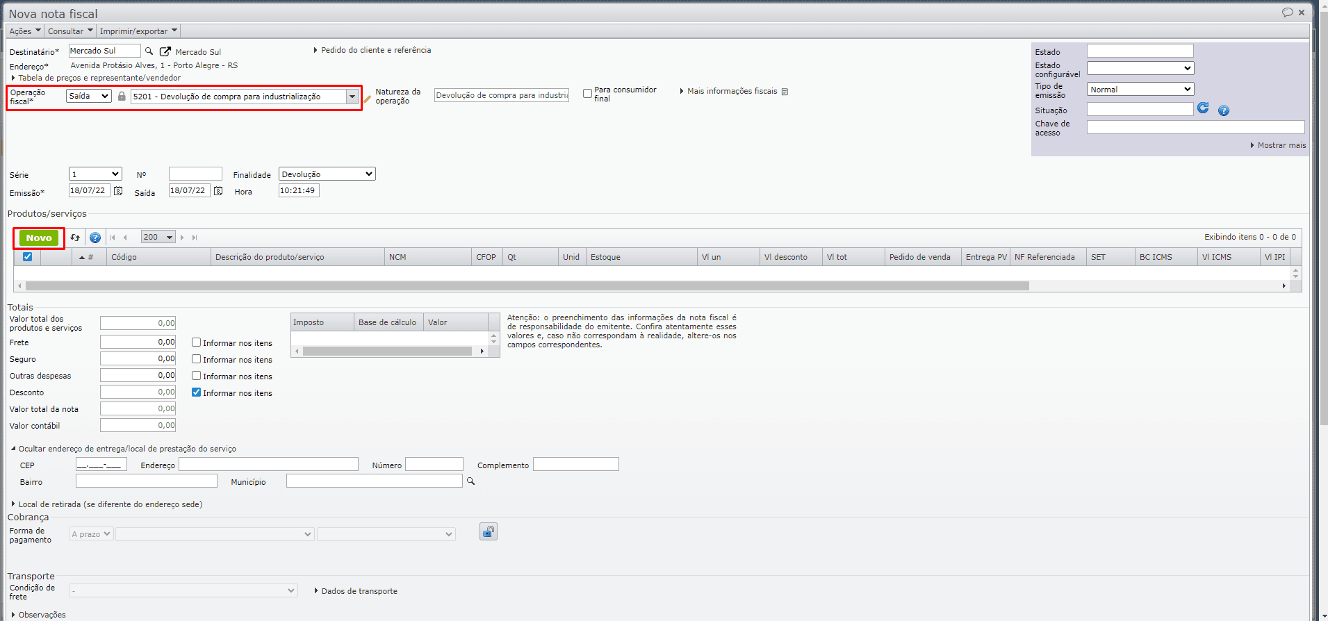 preencha a operação fiscal da tela de nota fiscal