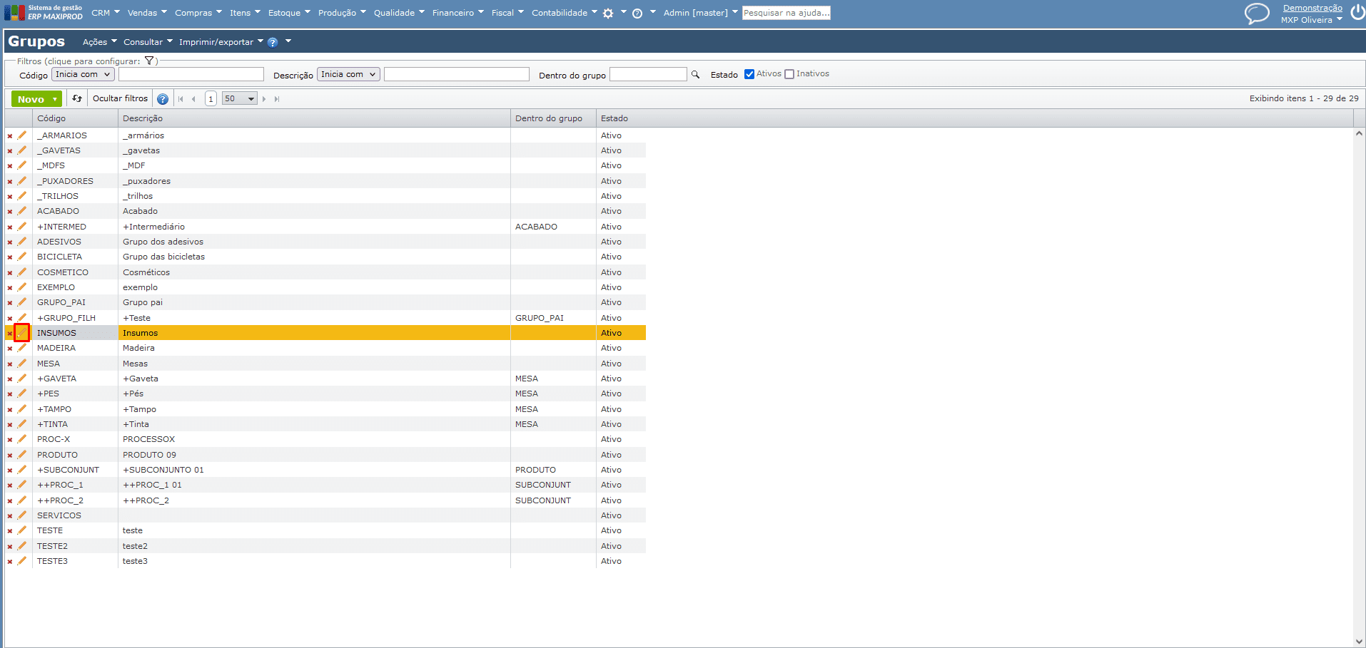 insumos da tela de grupos de itens