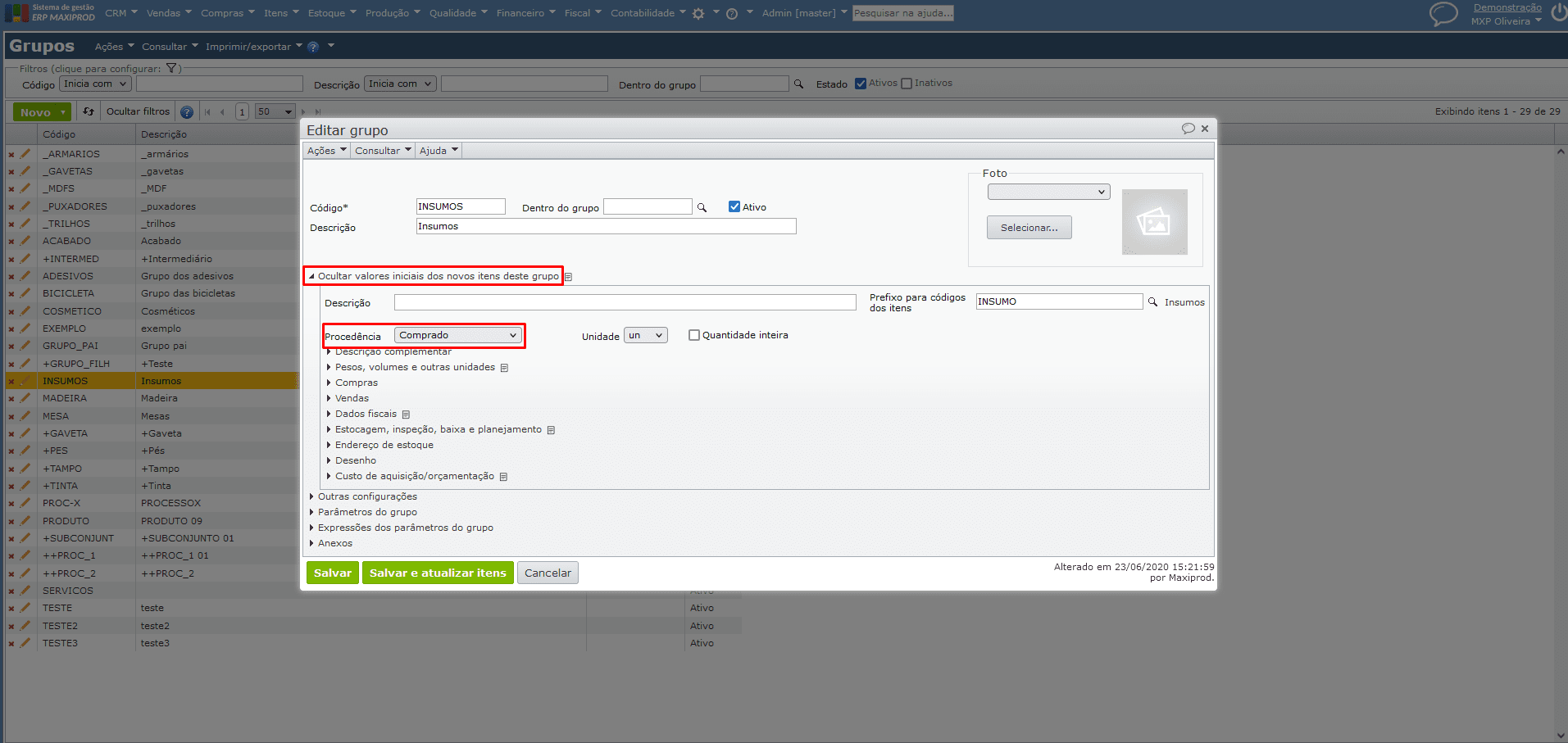 campos editados na tela grupo