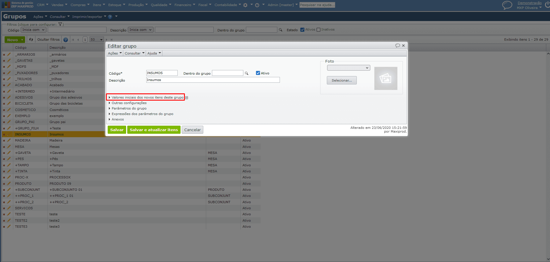 campo Valores iniciais dos novos itens deste grupo