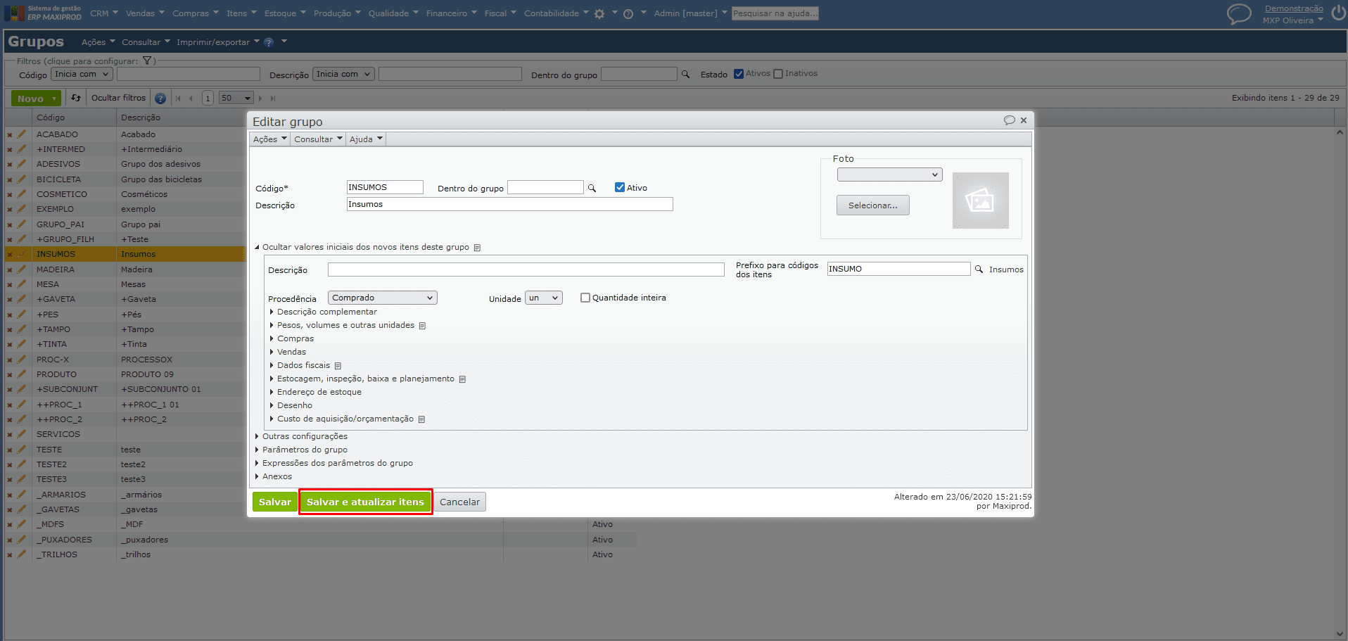 campos editados na tela grupo