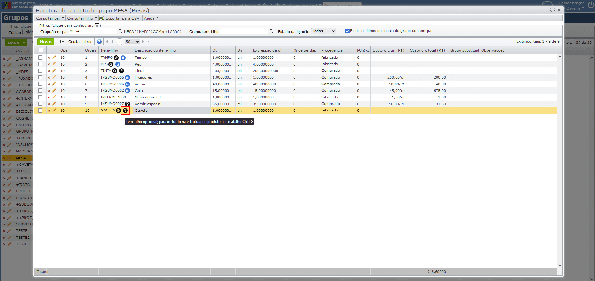 tela estrutura de produto do grupo MESA