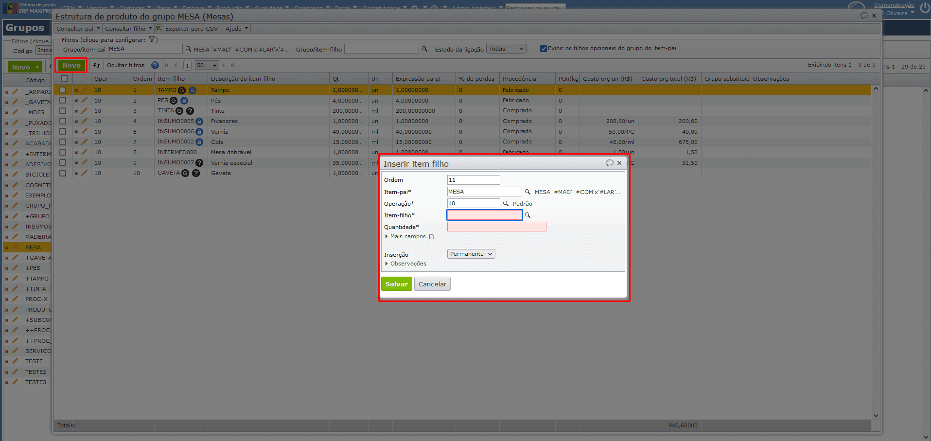 seleção de Item-filho