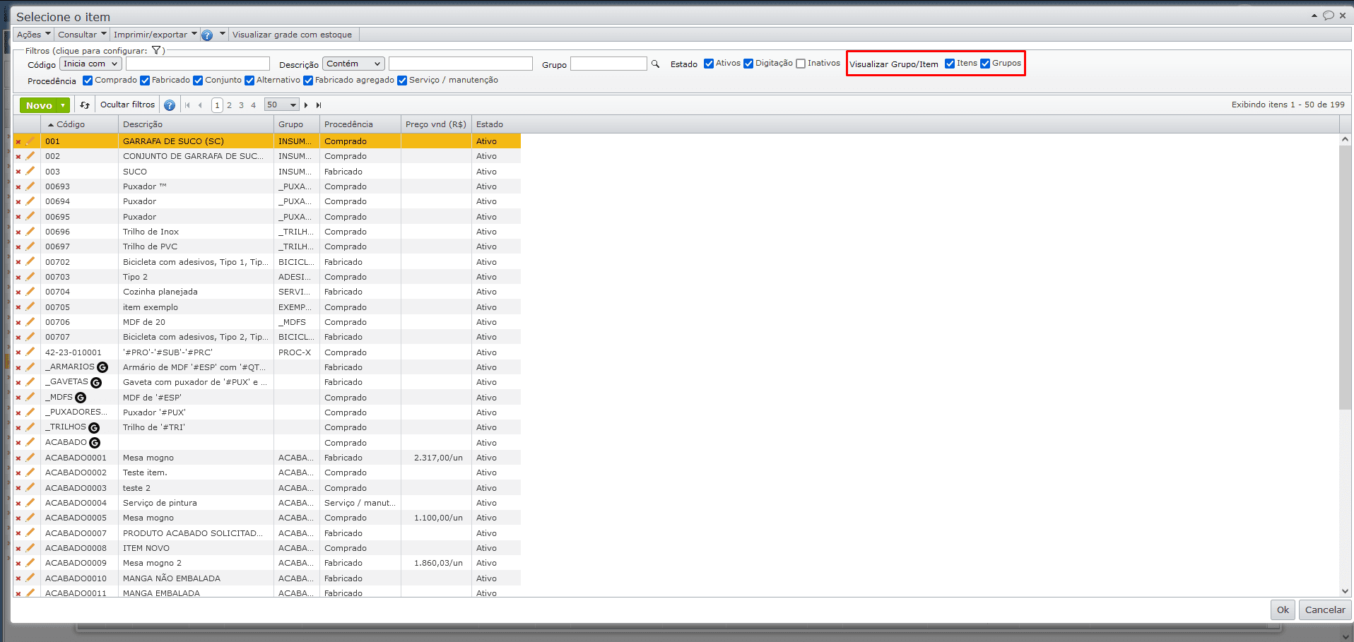 tela de seleção de itens