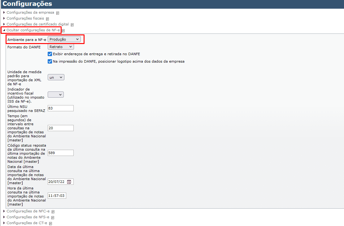 campo Ambiente para a NF-e