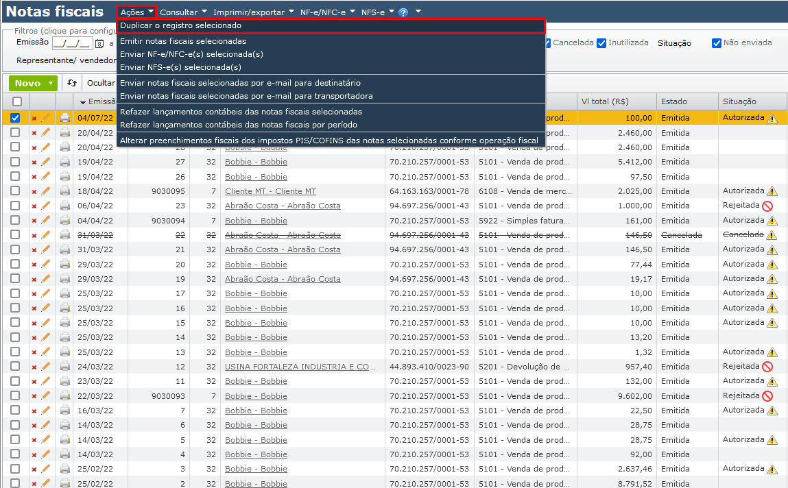 tela notas fiscais - Duplicar o registro selecionado