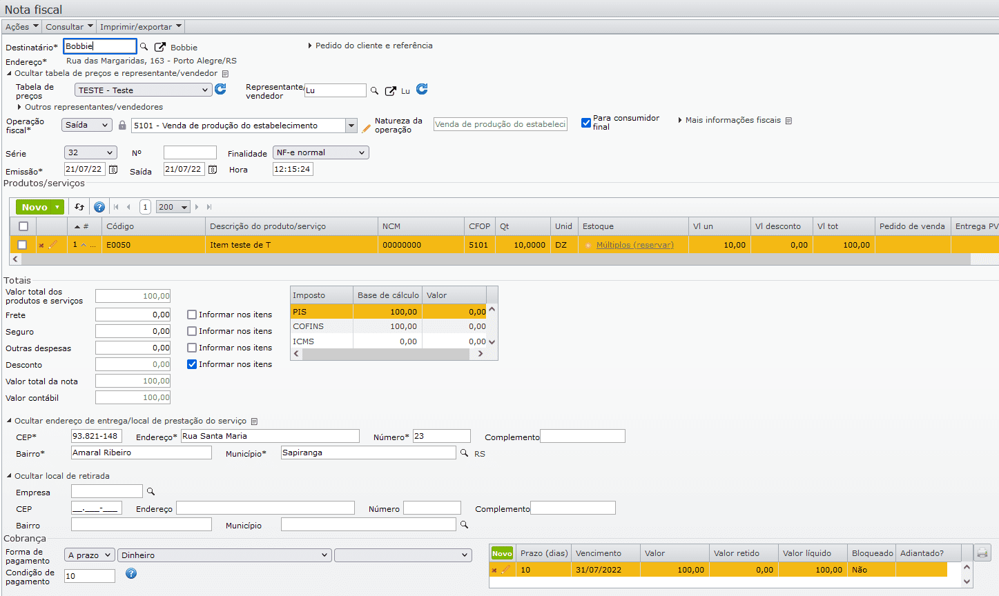 abertura de nova nota fiscal