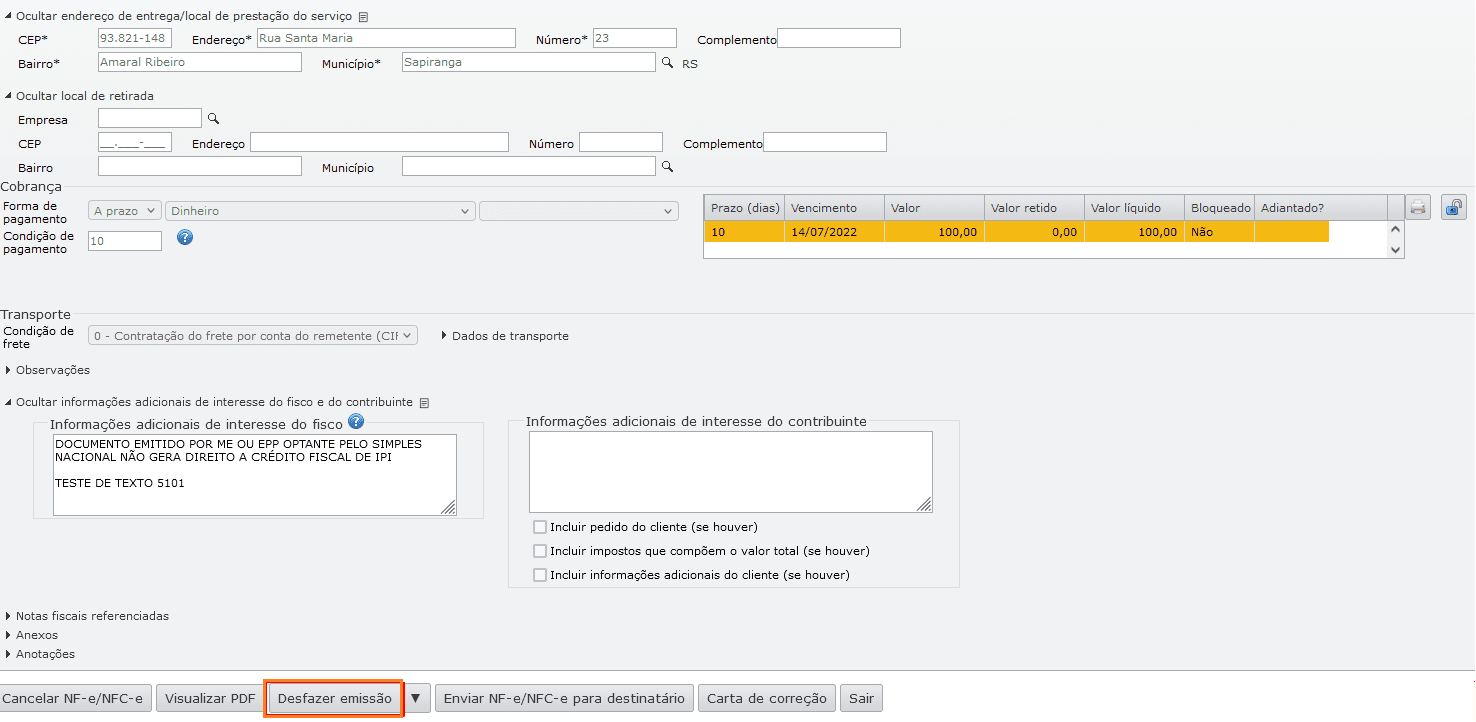 envio da nota fiscal em ambiente de produção
