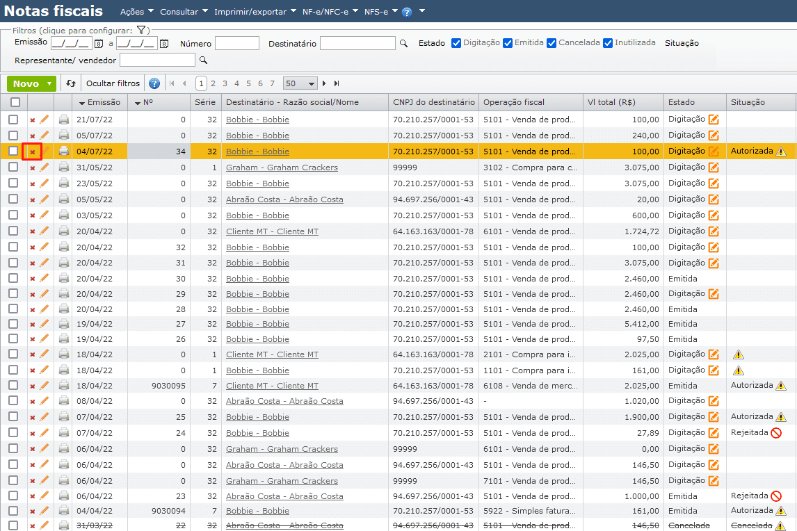 excluir nota fiscal sem validade emitida em ambiente de homologação
