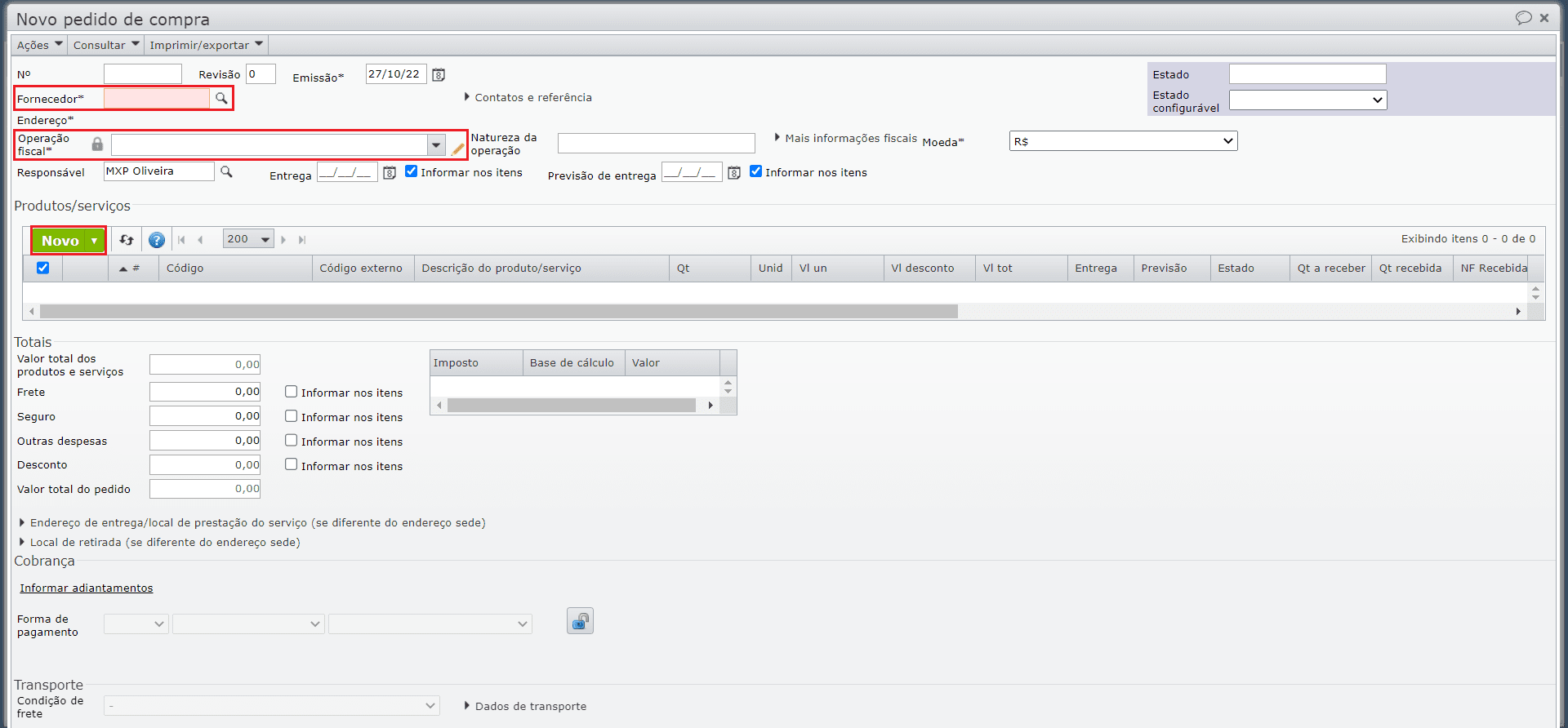 novo pedido de compra