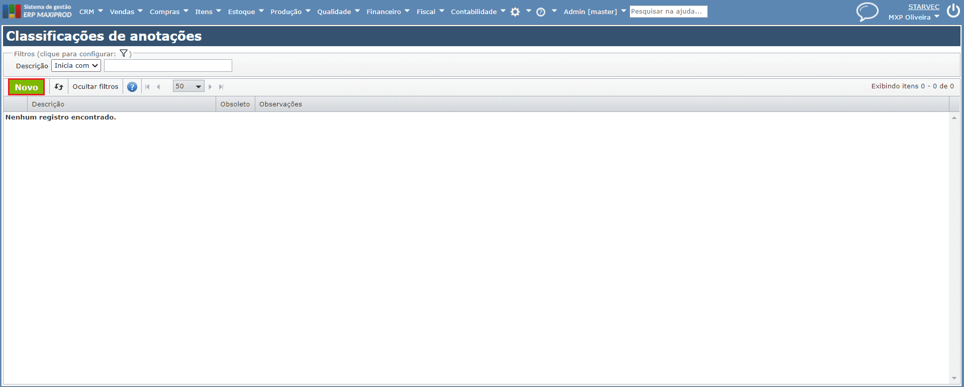botão novo da tela classificações de anotações