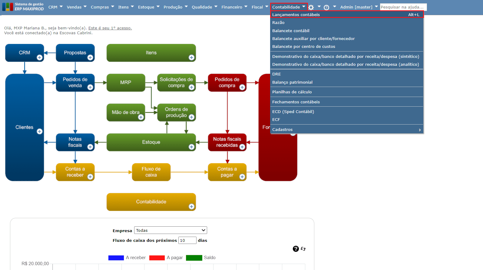 acesso à tela de lançamentos contábeis no sistema