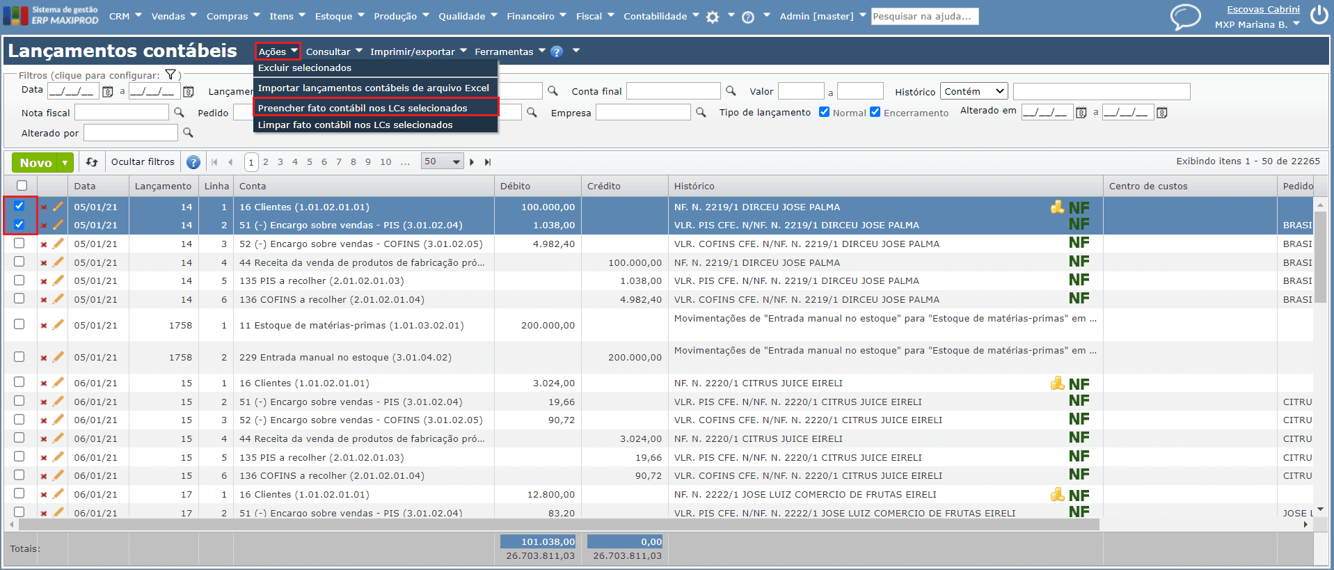 acessar Preencher fato contábil dos LCs selecionados