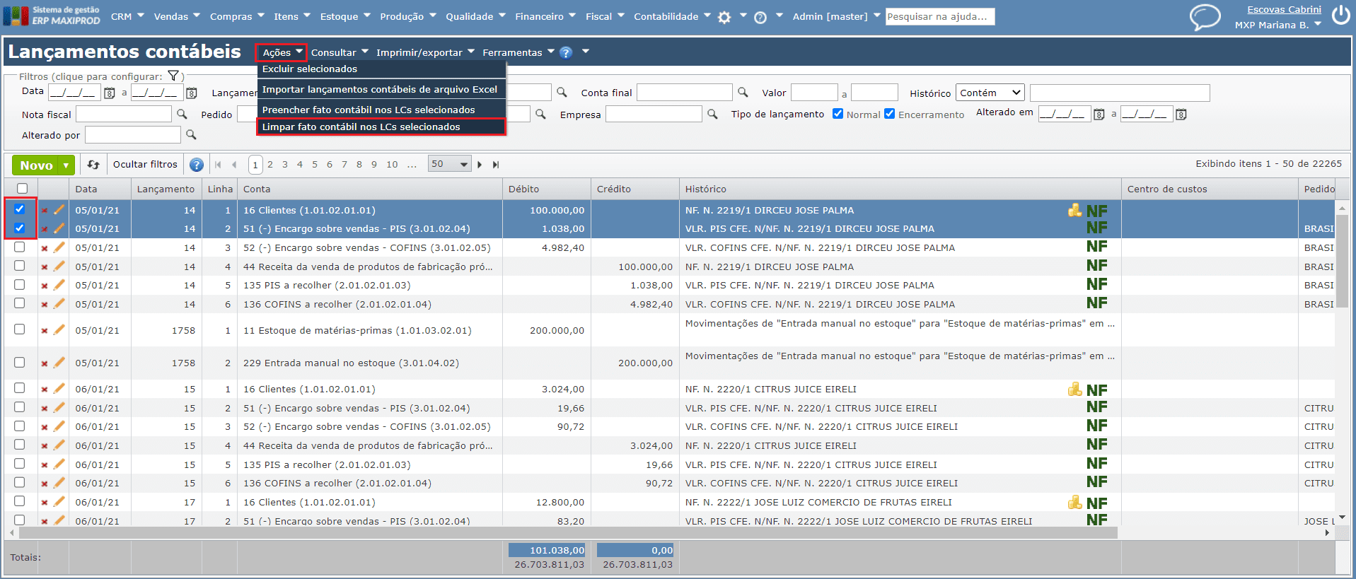 acessar tela Limpar fato contábil dos LCs selecionados