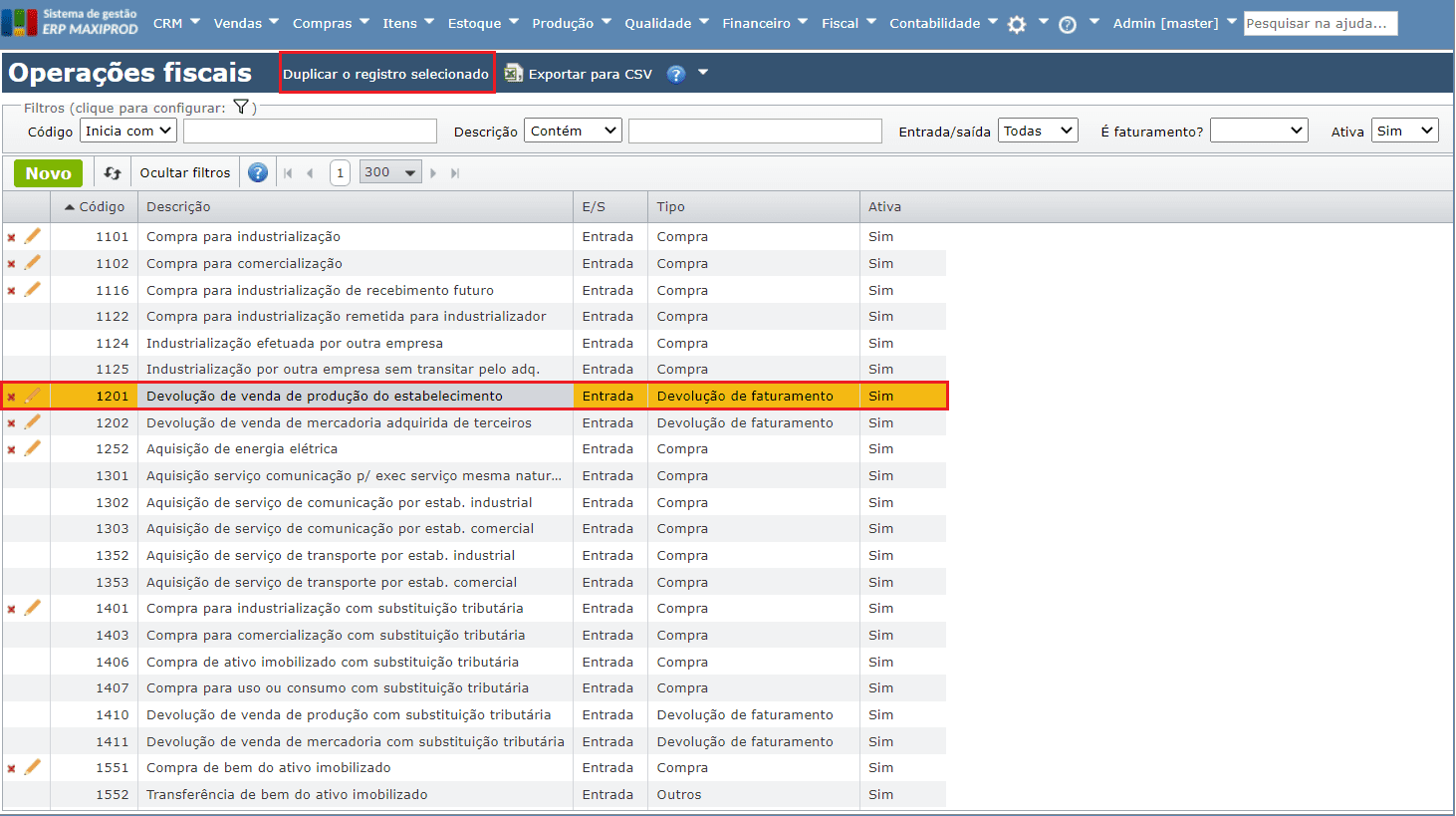 seleção da operação fiscal - NFC-e