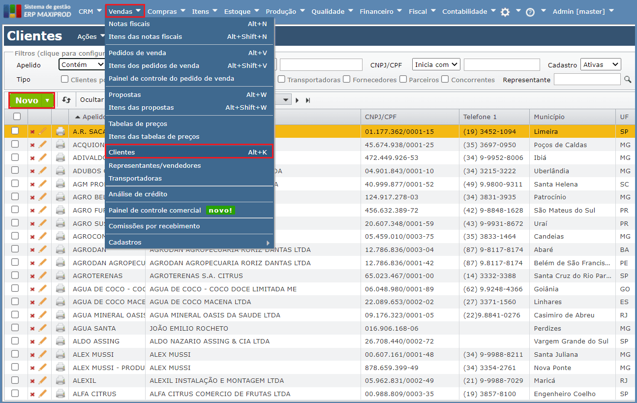 acesso à tela de clientes