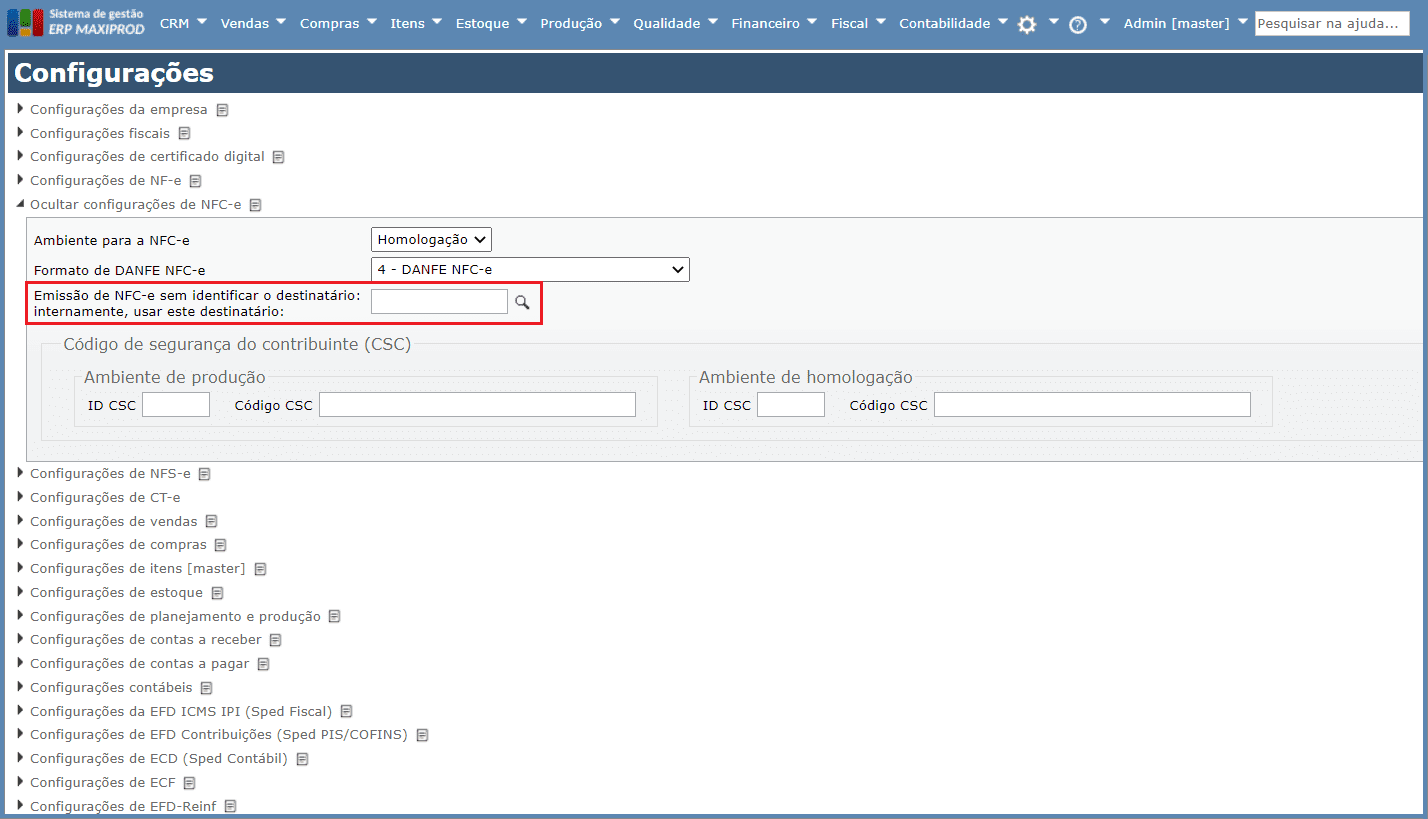 campo “Emissão de NFC-e sem identificar o destinatário”