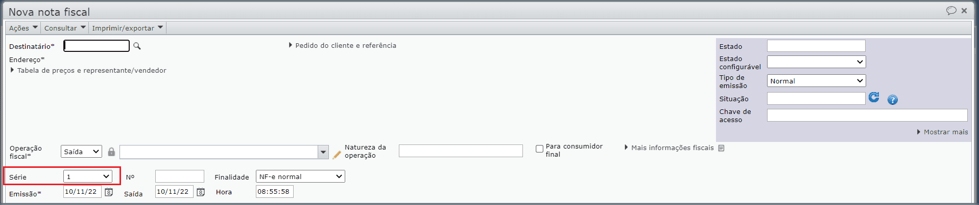 série configurada para emitir NFC-e