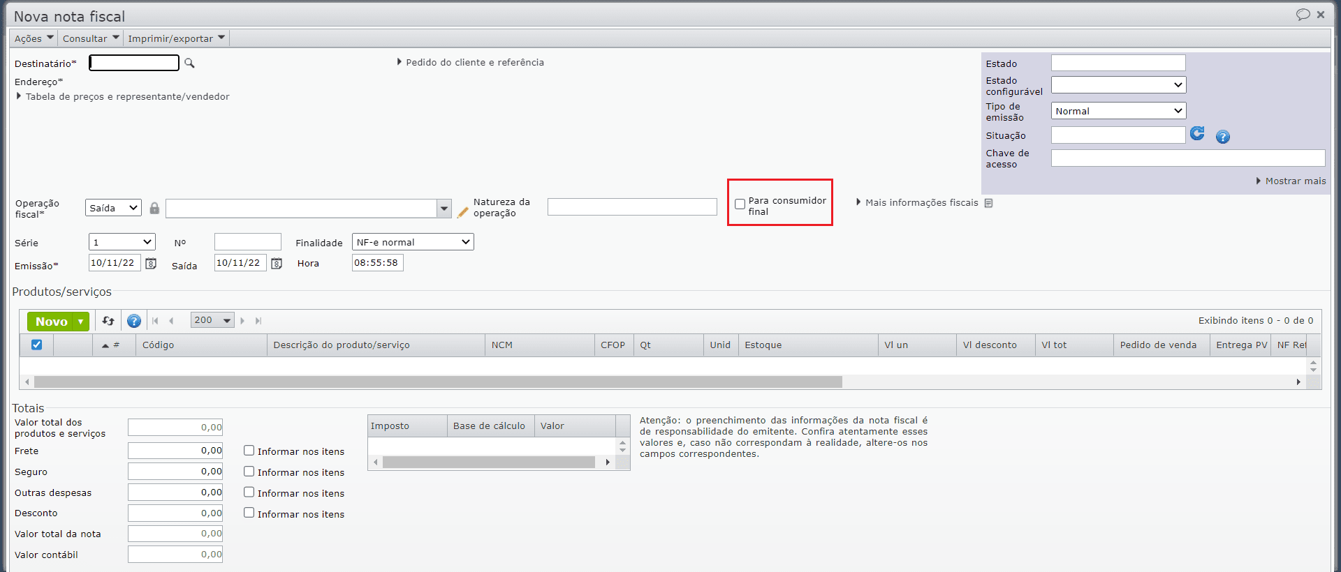 NFC-e - marcar opção “Para consumidor final”