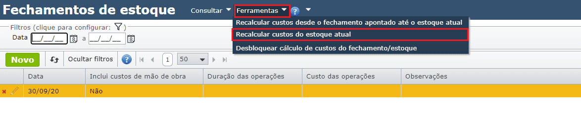 grade de fechamentos de estoque