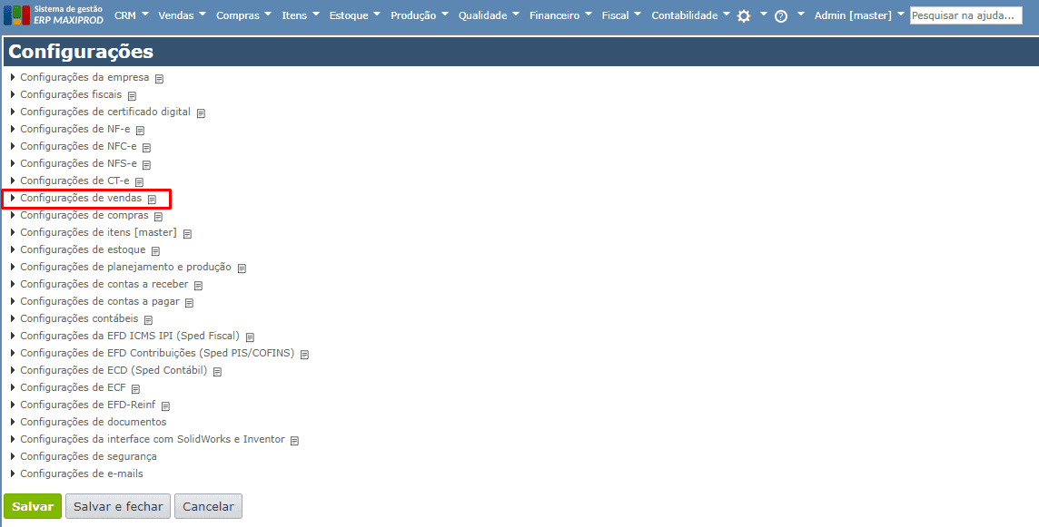 expansão da seção configurações de vendas