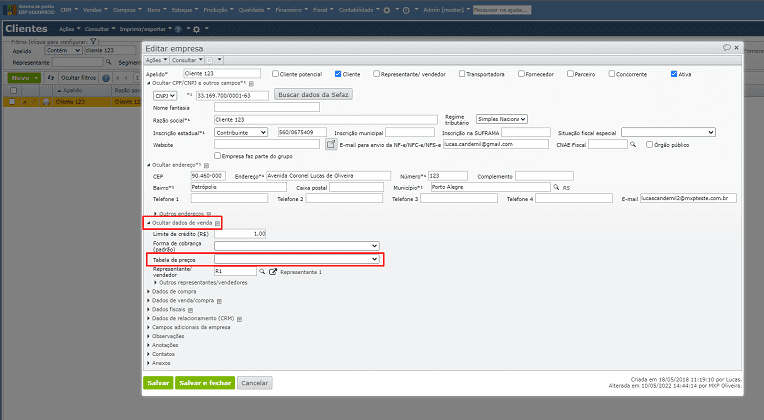 editar empresa - tabela de preços