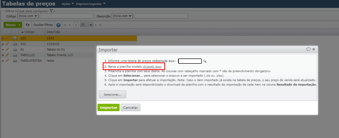 planilha modelo de importação de tabela de preço