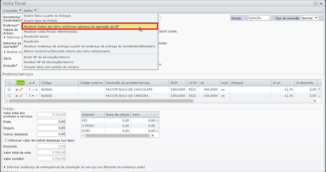tela atualizar dados dos itens conforme Operação fiscal da NF