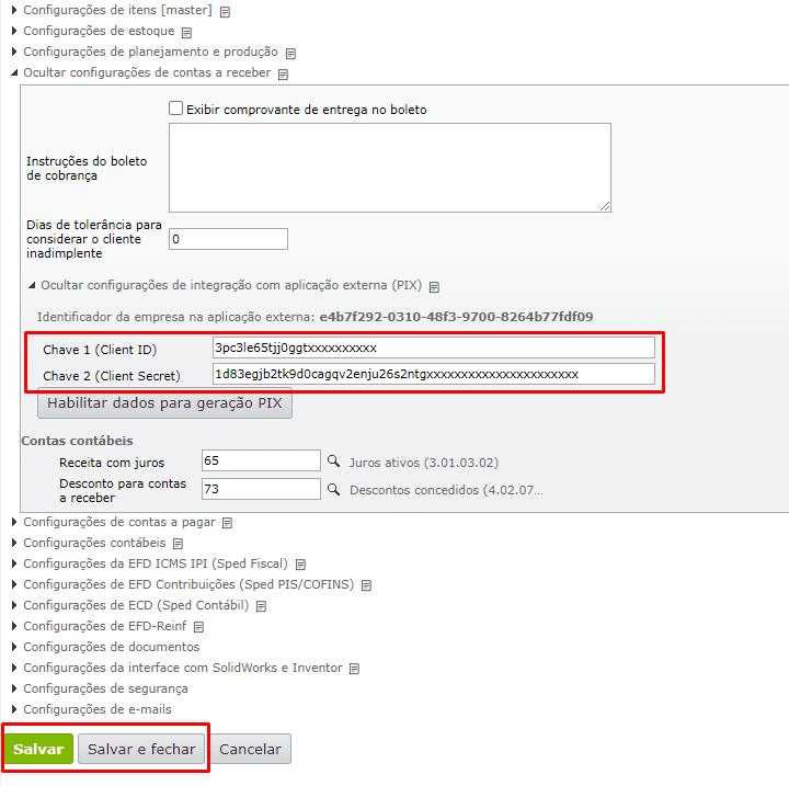 preenchimento das chaves de validação