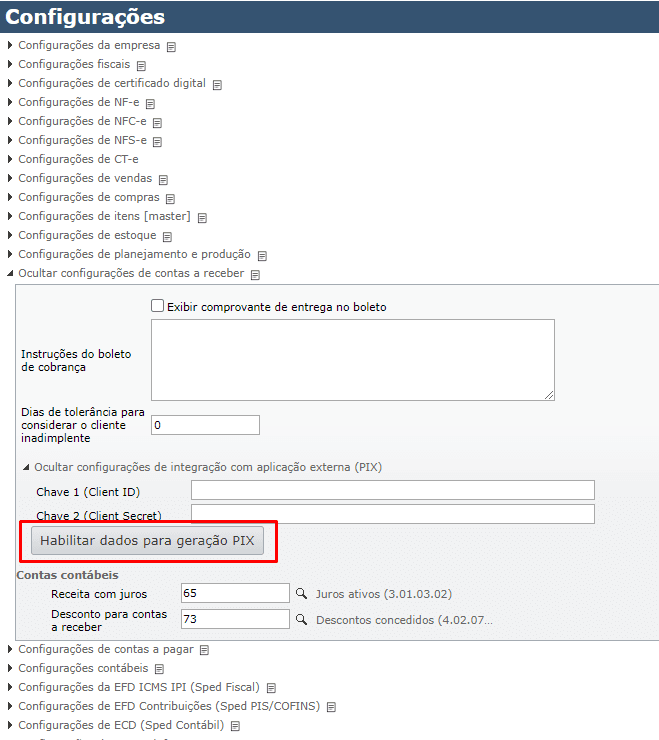 habilitar dados para geração PIX