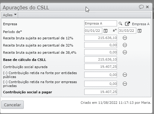 Apuração de IRPJ e CSLL - Maxiprod